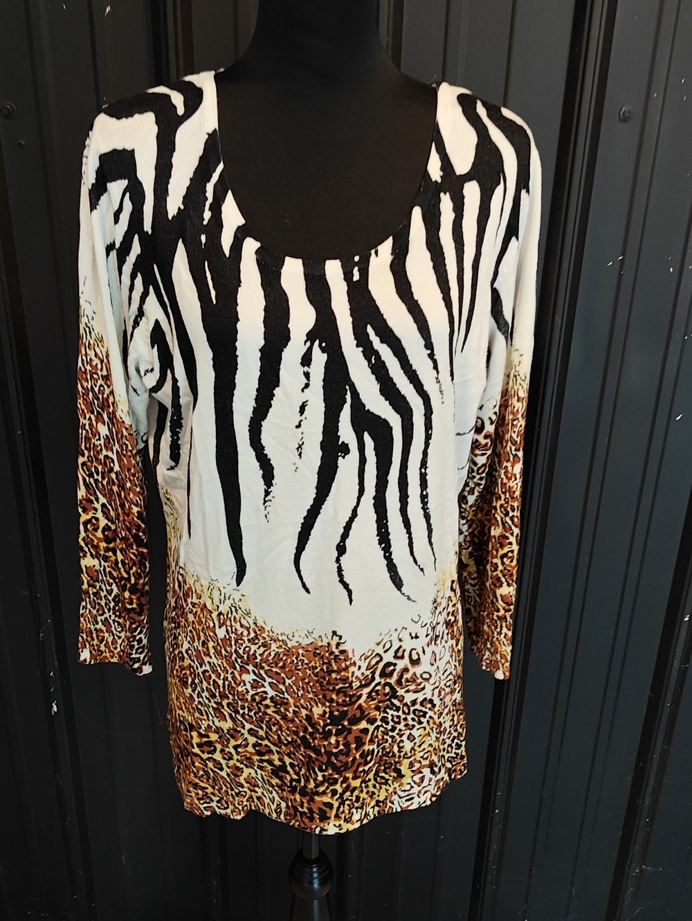 Attitudes by Renee Black, White & Brown Animal Print Long Sleeve Scoop Neck Top